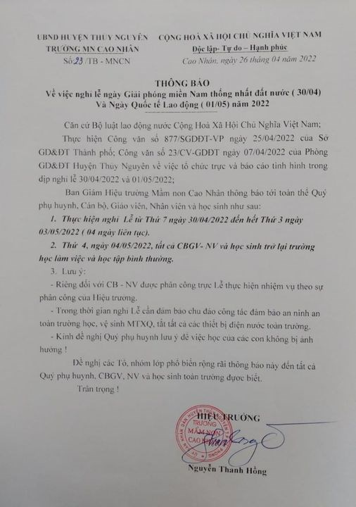 Trân trọng gửi tới các đ/c CBGV, NV - Quý Phụ huynh thông báo về việc nghỉ lễ 30/04/2022 - 01/05/2022 !