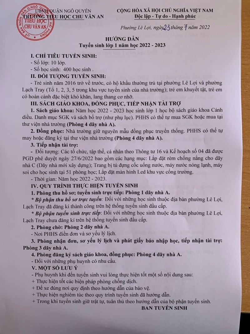 Hướng dẫn tuyển sinh lớp 1 - Năm học 2022 - 2023