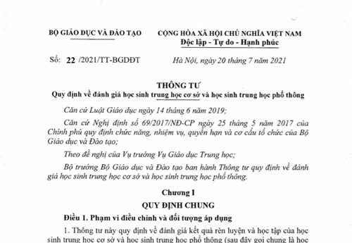 TT22 Quy định về đánh giá học sinh THCS và THPT