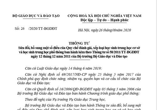 TT 26 - Sửa đổi, bổ sung một số điều lệ của quy chế đánh giá, xếp loại HS THCS, THPT 