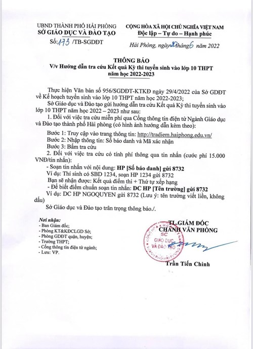 Thông báo của Sở GD&ĐT về hướng dẫn tra cứu kết quả kỳ thi tuyển sinh vào lớp 10 THPT năm học 2022-2023