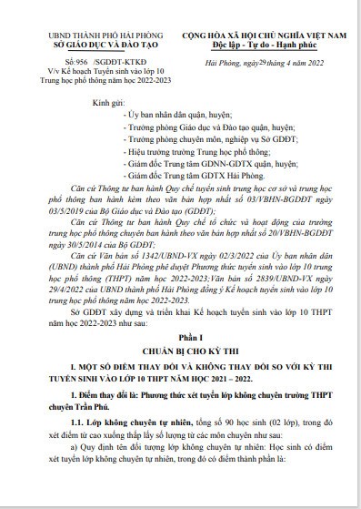 Kế hoạch tuyển sinh vào lớp 10 THPT năm học 2022-2023