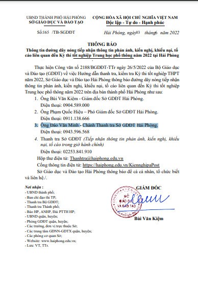Thông tin đường dây nóng tiếp nhận thông tin phản ánh, kiến nghị, khiếu nại, tố cáo liên quan đến Kỳ thi tốt nghiệp Trung học phổ thông năm 2022 tại Hải Phòng