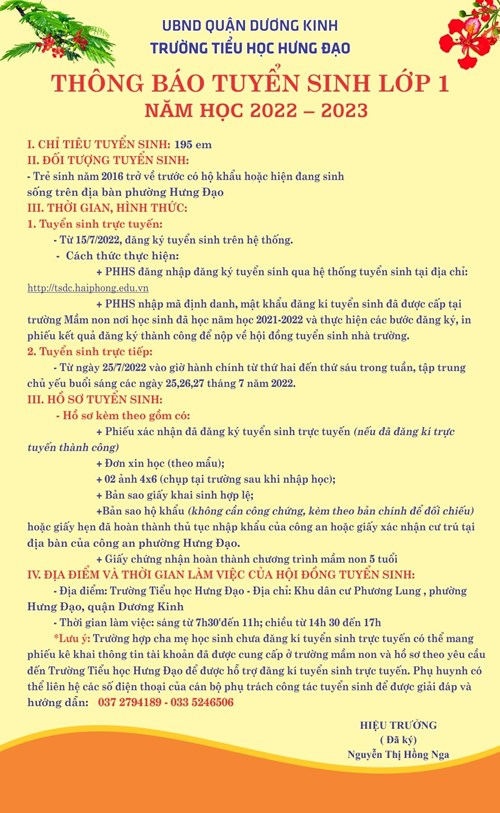 Thông báo tuyển sinh lớp 1 năm học 2022-2023