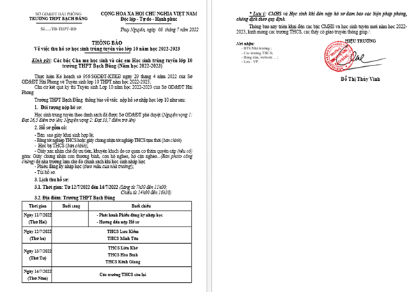 Trường THPT Bạch Đằng thông báo Về việc thu hồ sơ học sinh trúng tuyển vào lớp 10 năm học 2022-2023