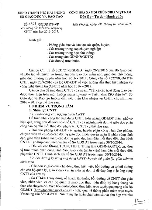 Hướng dẫn triển khai nhiệm vụ CNTT năm học 2016-2017