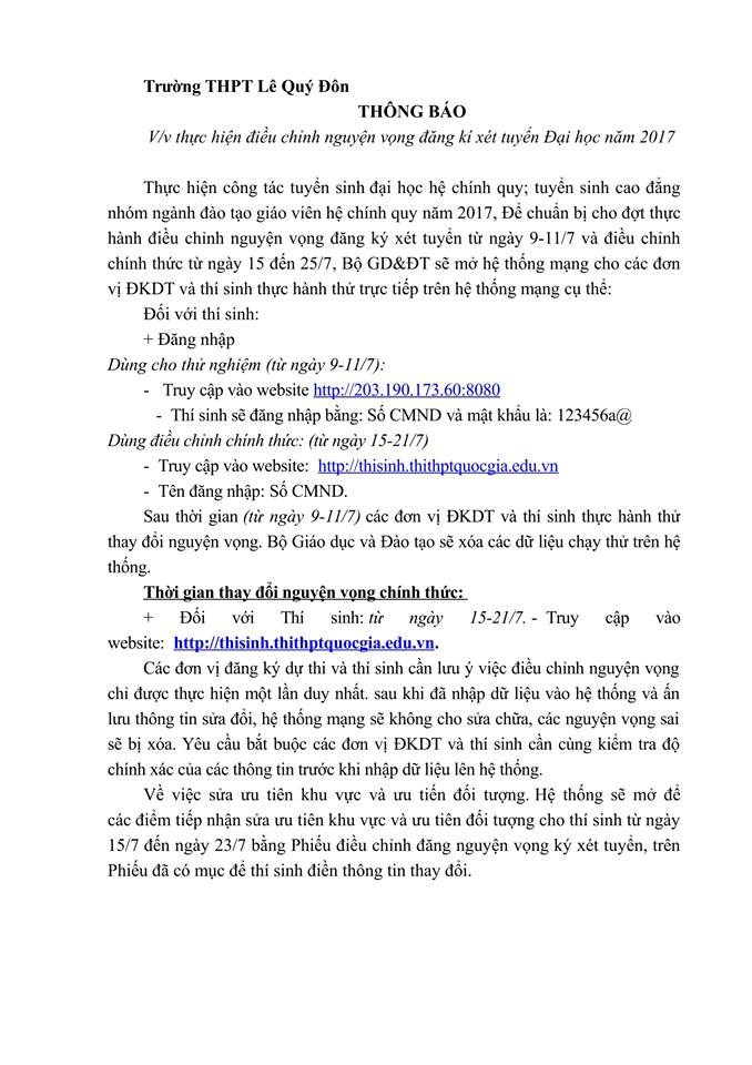 Thông báo về việc điều chỉnh nguyện vọng đăng kí xét tuyển Đại học năm 2017