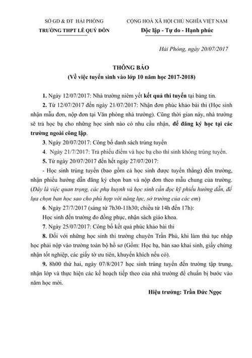 Thông báo về việc tiếp nhận hồ sơ và làm thủ tục nhập học khối 10 năm học 2017-2018.