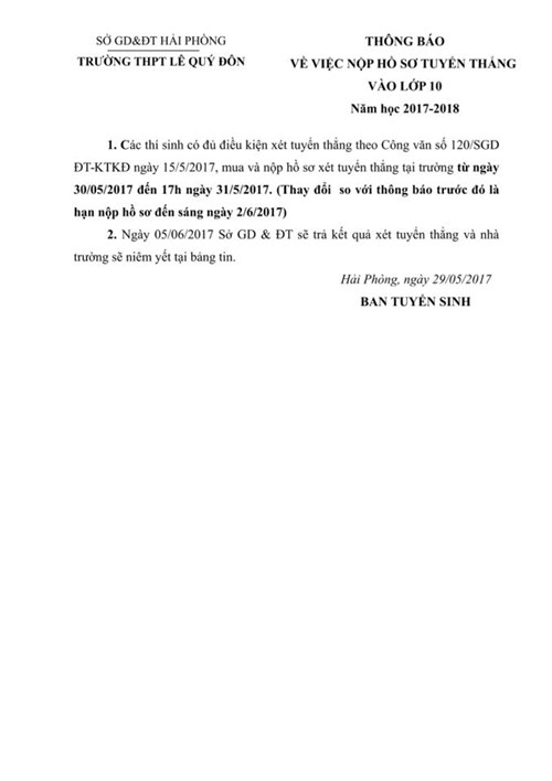 Thông báo về việc nộp hồ sơ tuyển thẳng vào 10 năm học 2017-2018 tại THPT LQĐ.