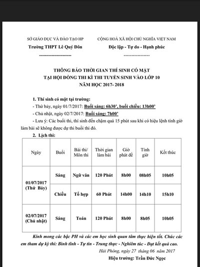 Thông báo: Thời gian có mặt tại HĐ thi của các thí sinh, kỳ thi tuyển sinh vào lớp 10 năm học 2017-2018.