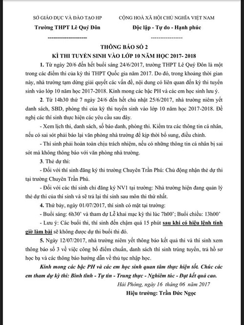 Ngày 16/6/2017: Thông báo số 2 về Kỳ thi tuyển sinh vào lớp 10 năm học 2017-2018 của trường THPT Lê Quý Đôn.