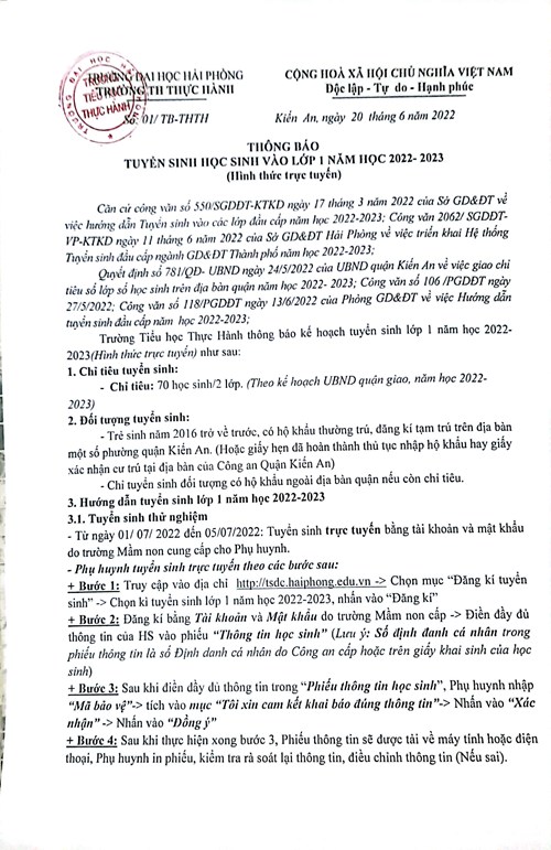                                    THÔNG BÁO 
TUYỂN SINH HỌC SINH VÀO LỚP 1 NĂM HỌC 2022- 2023
                            (Hình thức trực tuyến)
