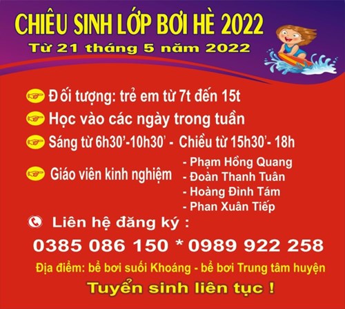 Tuyển sinh lớp Bơi hè 2022